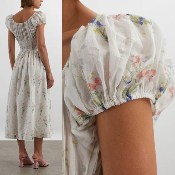 Doen Quinley Midi Dress Painted Bouquet White Floral Puff Sleeve Size XXS - Picture 9 of 10